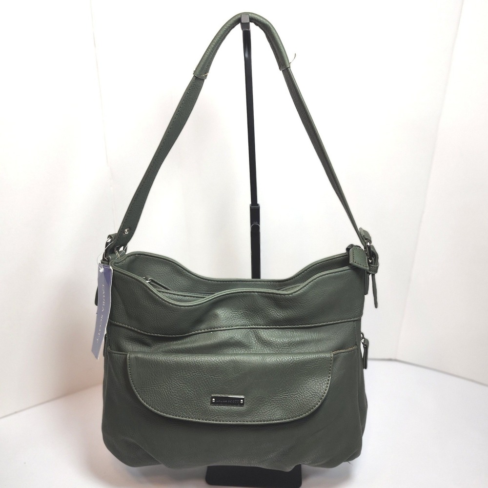 Laura Scott Olive Green Pebbled Faux Leather Shoulder Bag Hobo Purse NWT
